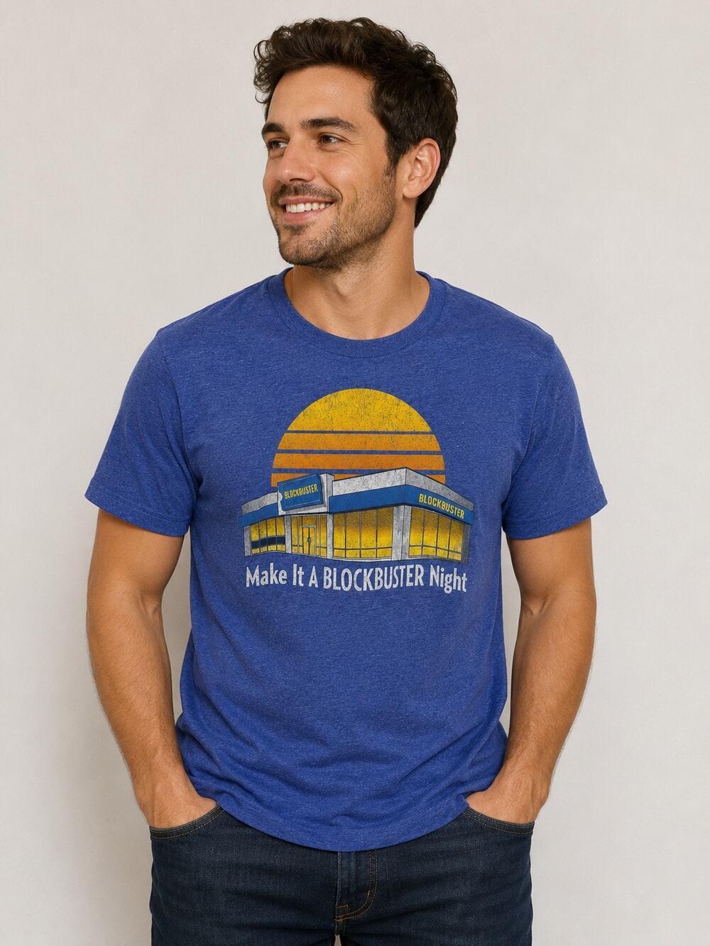 Blockbuster "Make It A Blockbuster Night" Graphic T-Shirt Blue Retro Movie Tee S